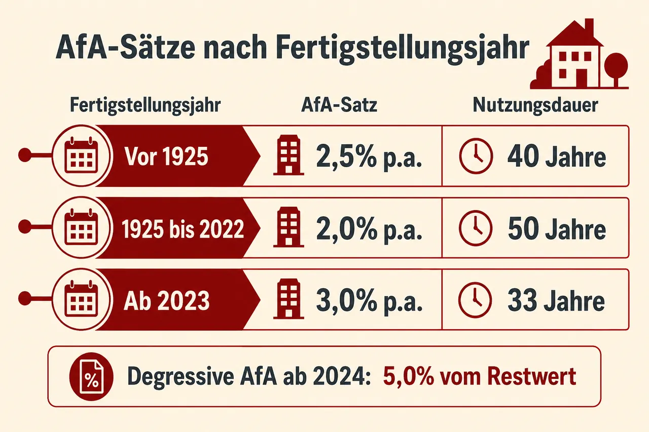 AfA-Sätze nach Fertigstellungsjahr – Abschreibung für Immobilien als Infografik