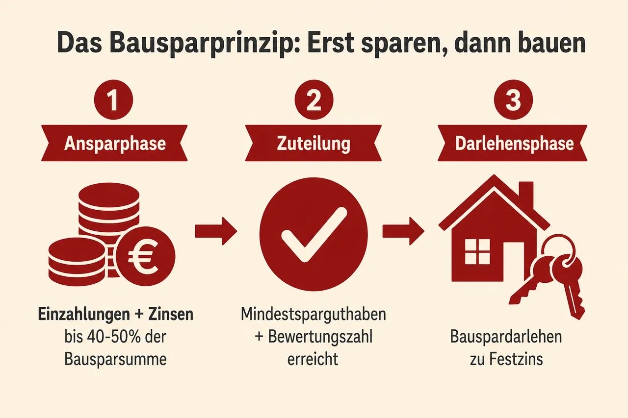 Infografik: Das Bausparprinzip in drei Phasen – Ansparphase, Zuteilung, Darlehensphase