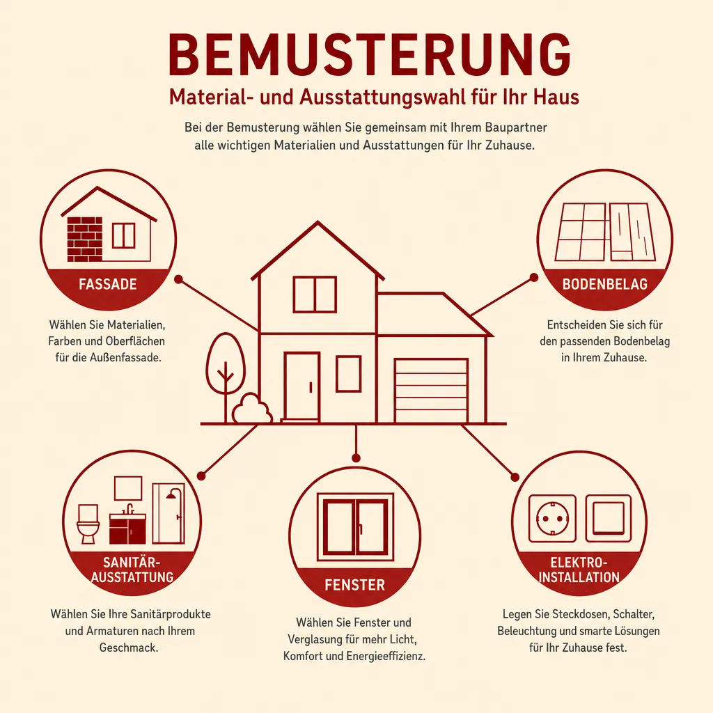 Infografik der Bemusterungsbereiche beim Hausbau mit Fassade, Bodenbelag, Sanitär, Fenster und Elektroinstallation